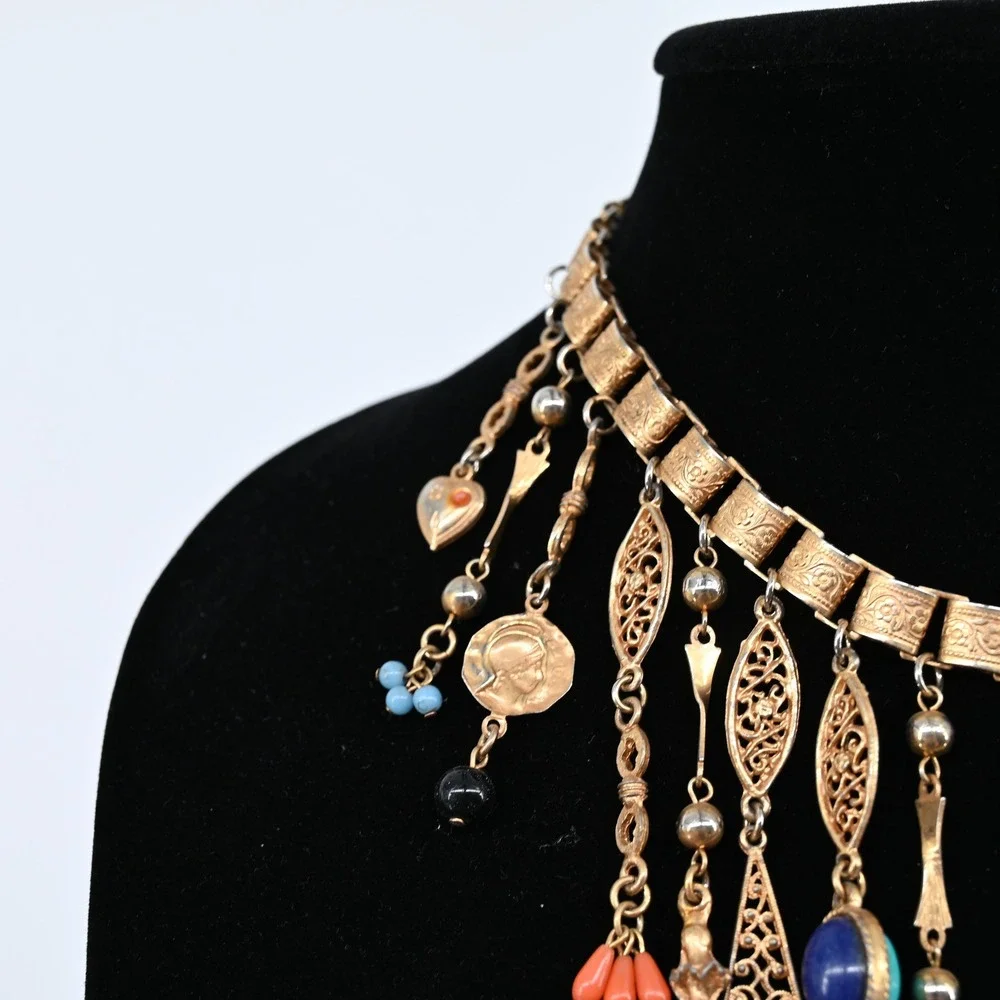 Vintage Gold Tone Victorian Revival Fringe Charm Necklace Lapis Coral Turquoise